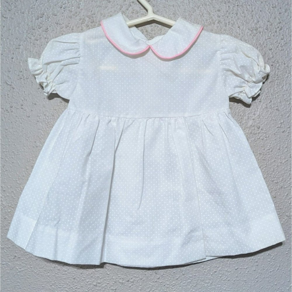White & Pink Collared Vintage‎ Baby Dress With Polka Dot Print